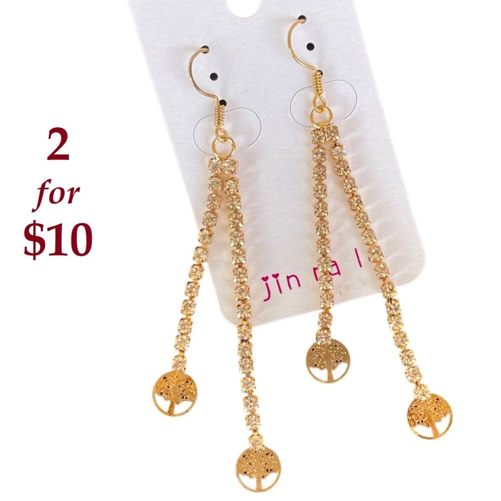 Tree of Life Dangling Gold Plated Earrings with Rhinestones by Jin na la